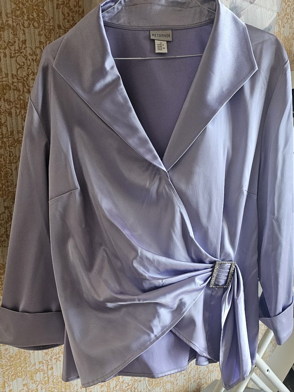 Metaphor Lavender Satin Wrap Blouse with Buckle Detail